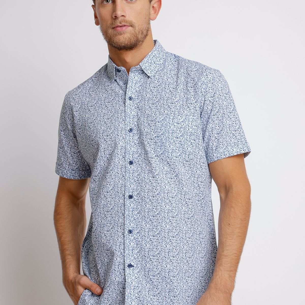 TRIAL - Camisa Manga Corta hombre Casual Relaxed fit Bella Algodón Azul