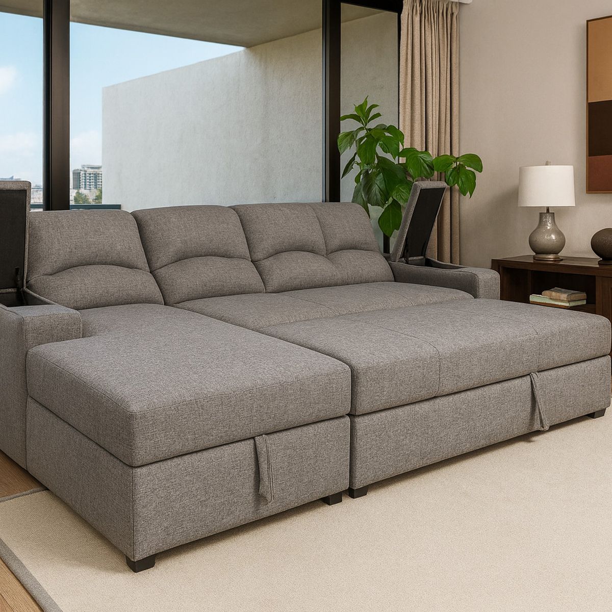 MUEBLERIA LATINA - SECCIONAL CAMA BAUL FUNCIONAL 2 PZ DECO LINO GRIS IZQUIERDO