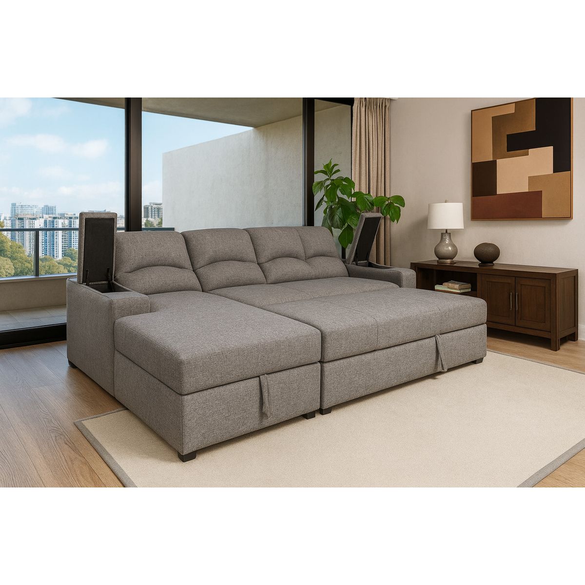 MUEBLERIA LATINA - SECCIONAL CAMA BAUL FUNCIONAL 2 PZ DECO LINO GRIS IZQUIERDO