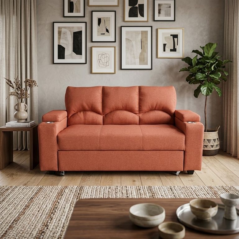 SOFA CAMA FUNCIONAL 2 PZ DECO LINO TEJA CON POSAVASO