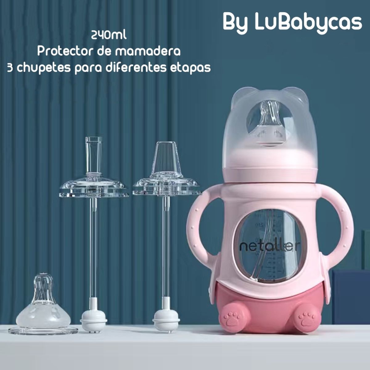 LUBABYCAS - Mamaderas Con Chupetes Y Protector Lubabycas Rosada