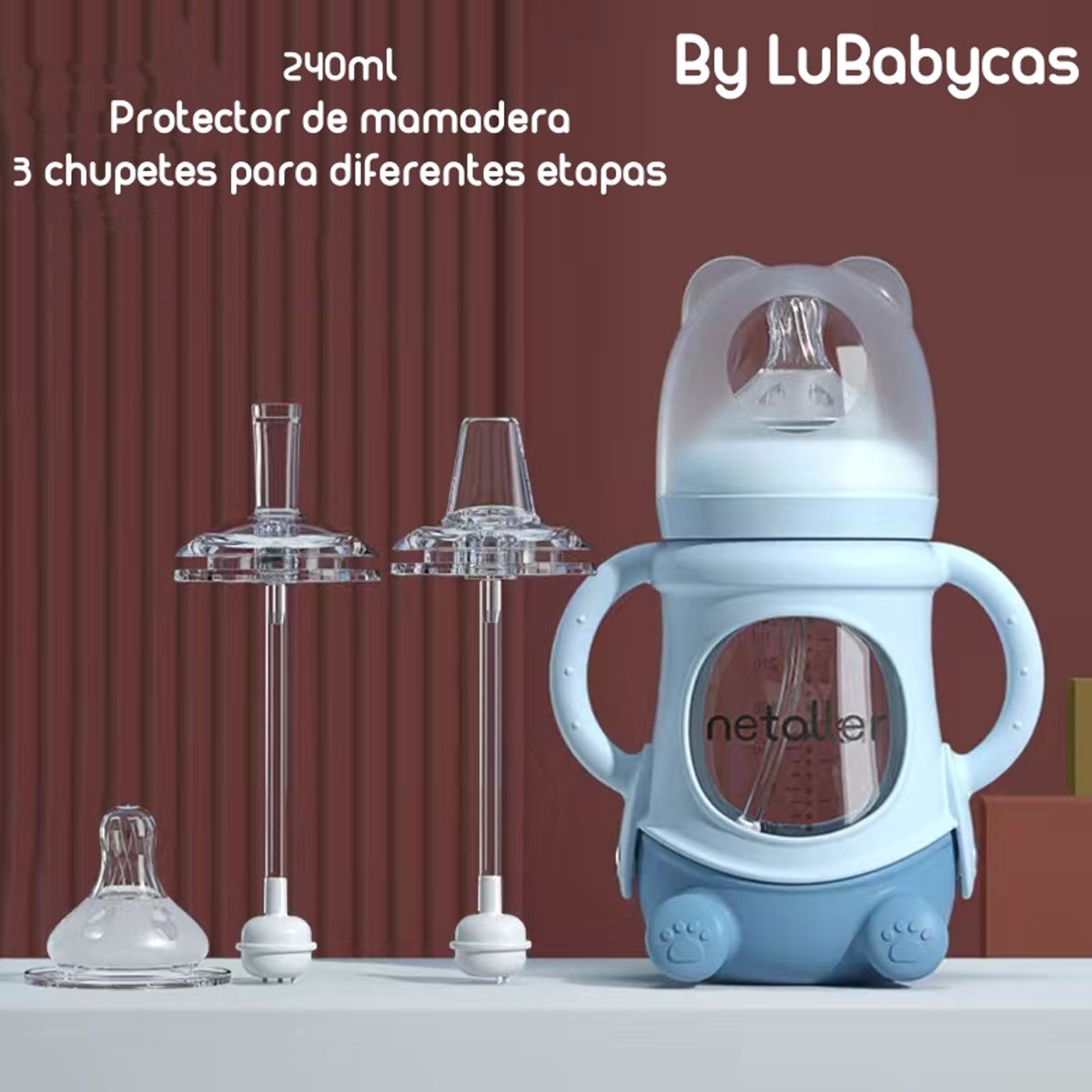 LUBABYCAS - Mamaderas Con Chupetes Y Protector Lubabycas Azul