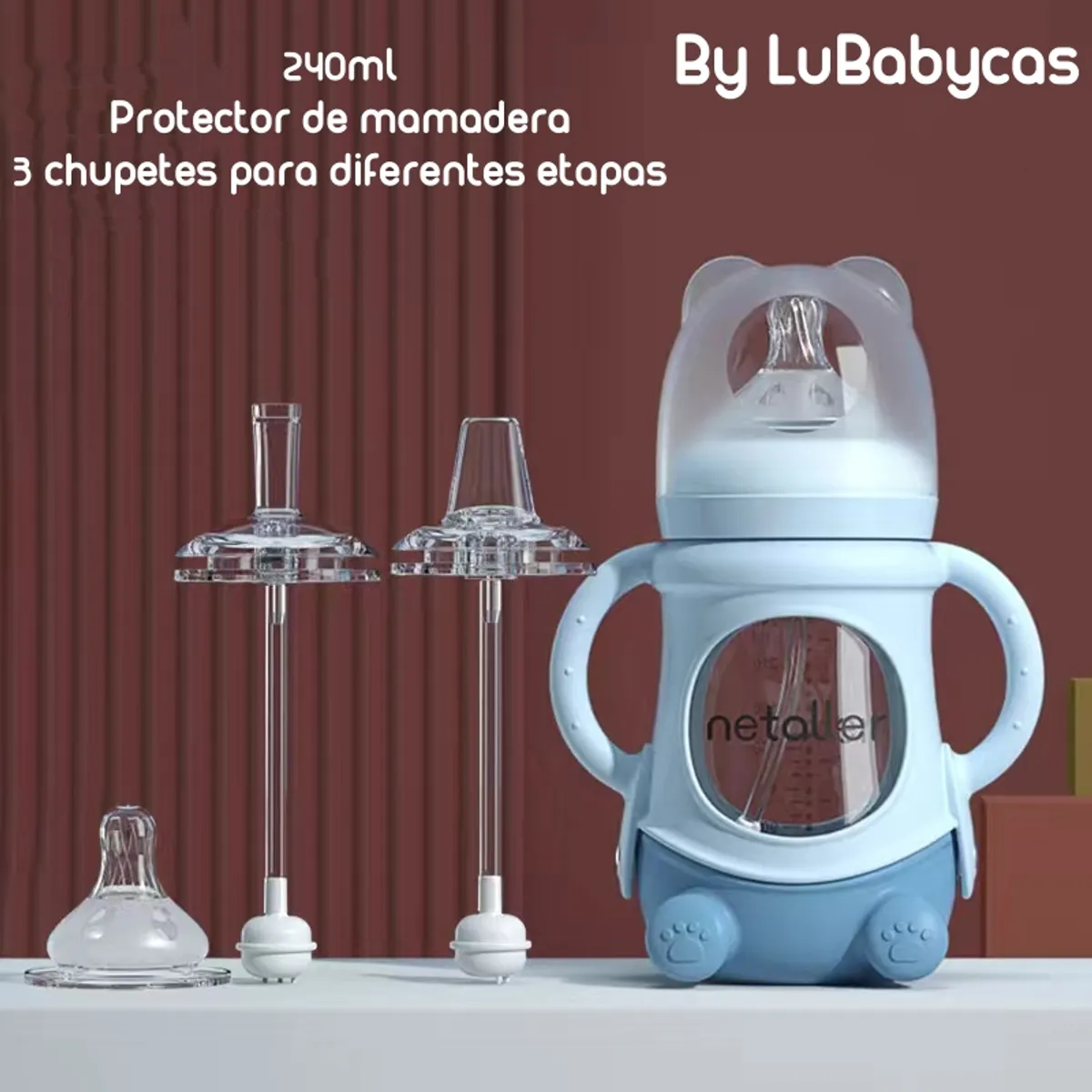 LUBABYCAS - Mamaderas Con Chupetes Y Protector Lubabycas Azul