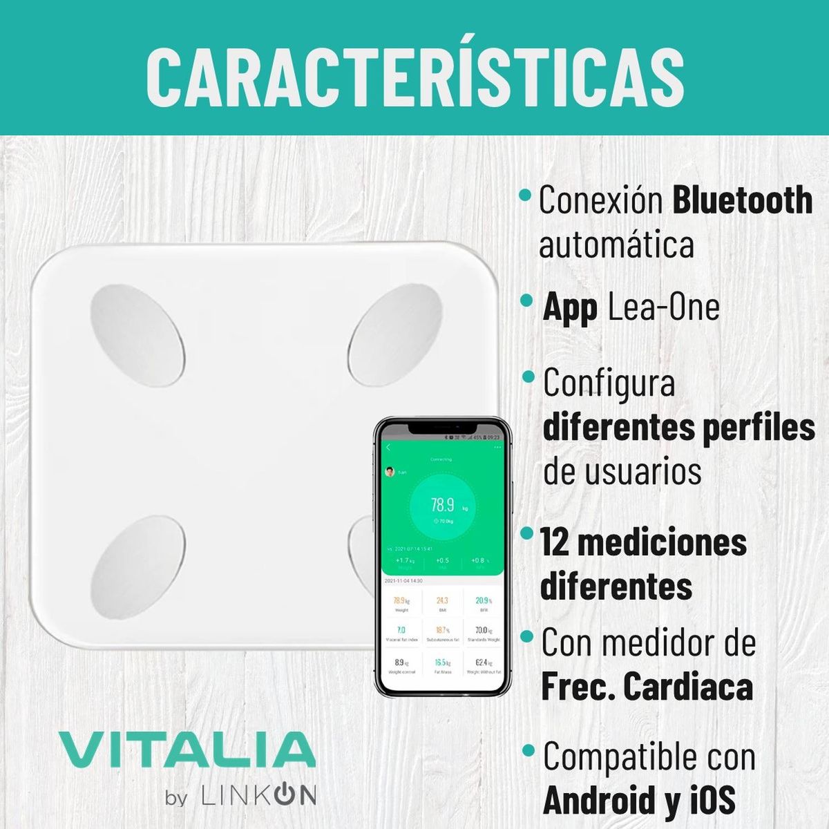 VITALIA TECHNOLOGY - Balanza Pesa Digital Inteligente Baño APP BT Extra Precision