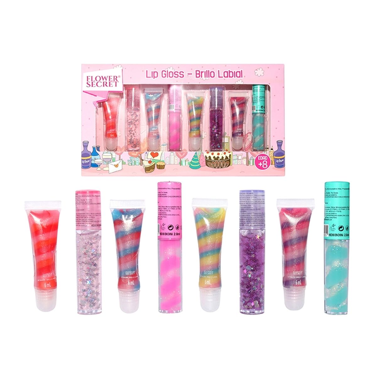 FLOWER SECRET - Set de 8 Brillos Labiales para Niñas con Glitter.