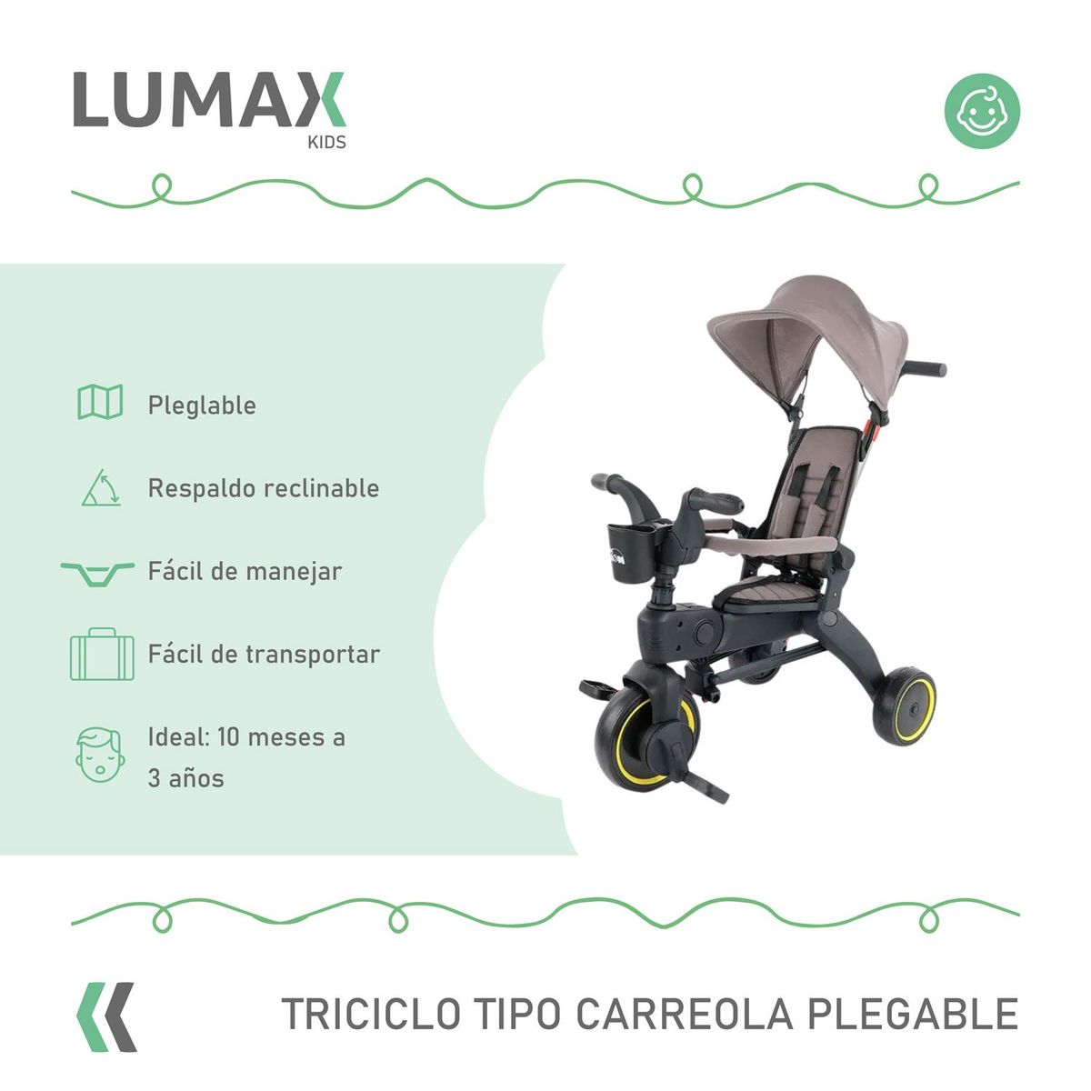 LUMAX - Triciclo Tipo Carreola Plegable Portatil Reclinable 4 En 1