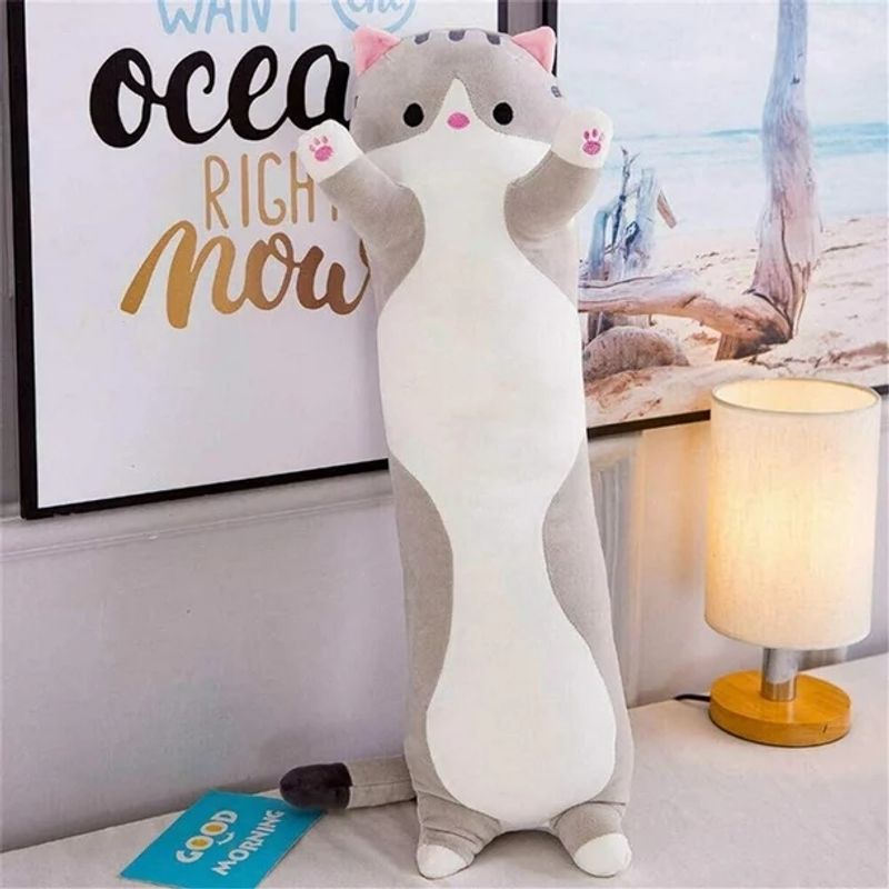 GENERICO - Peluche Almohada Gatito Largo Gato Kawai Grande Gris