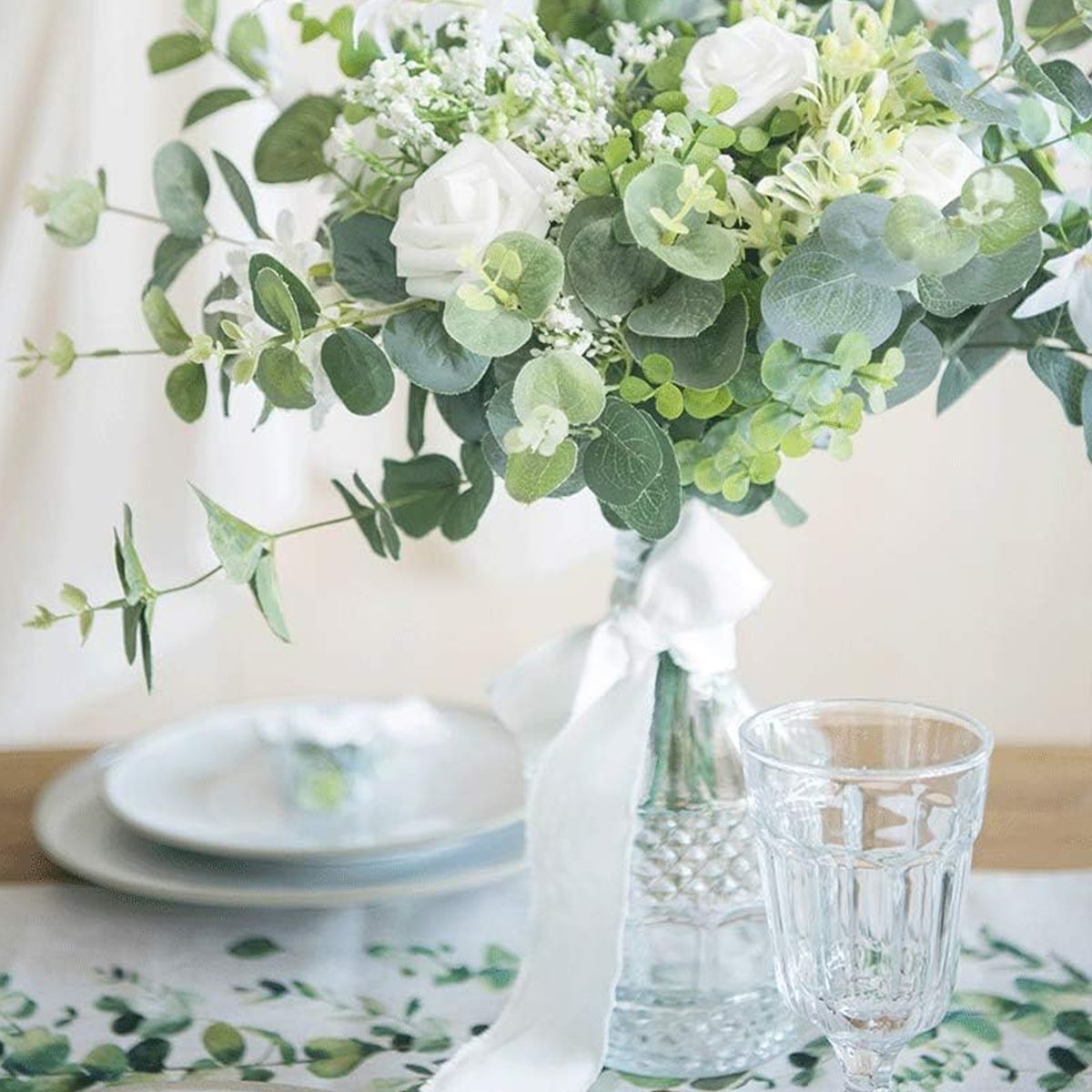 COREJOY - 25 Flores Artificiales Decoración y regalos de Rosa artificial-blanco