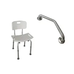 MAXCARE - Pack Barra Angular Muro Izq + Silla Baño Respaldo Extraible