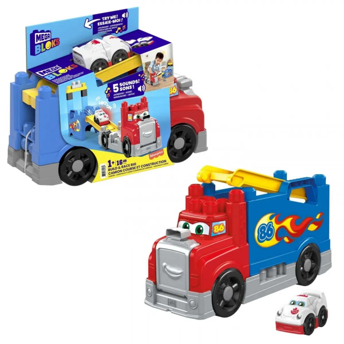 MATTEL - MATTEL FVJ01 MEGABLOKS CAMION CARRERAS Y CONSTRUCCION