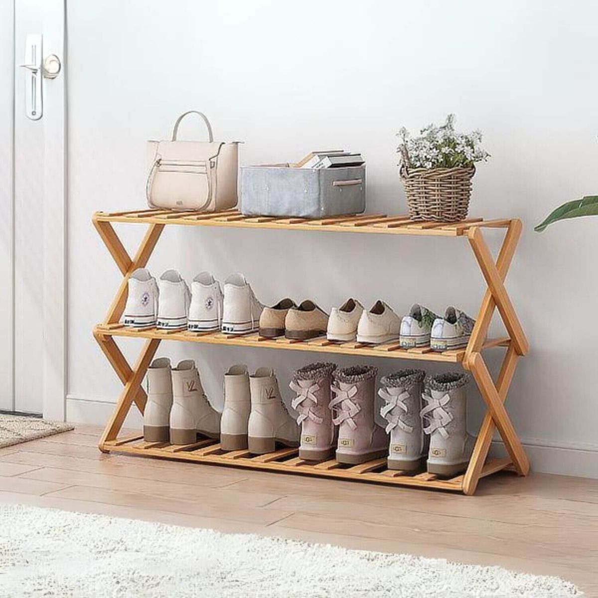 SOHOGAR - Zapatero plegable de madera con 3 niveles 100x25x46 cm