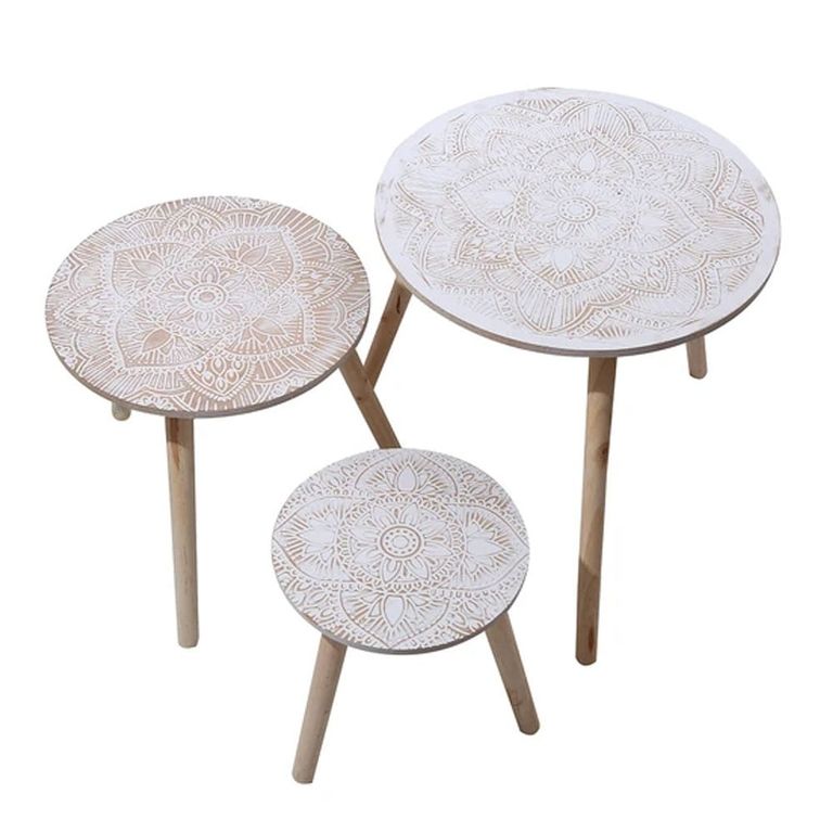 Set 3 mesas de centro madera mandalas