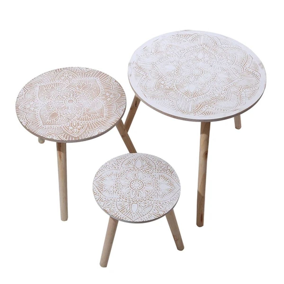 SOHOGAR - Set 3 mesas de centro madera mandalas