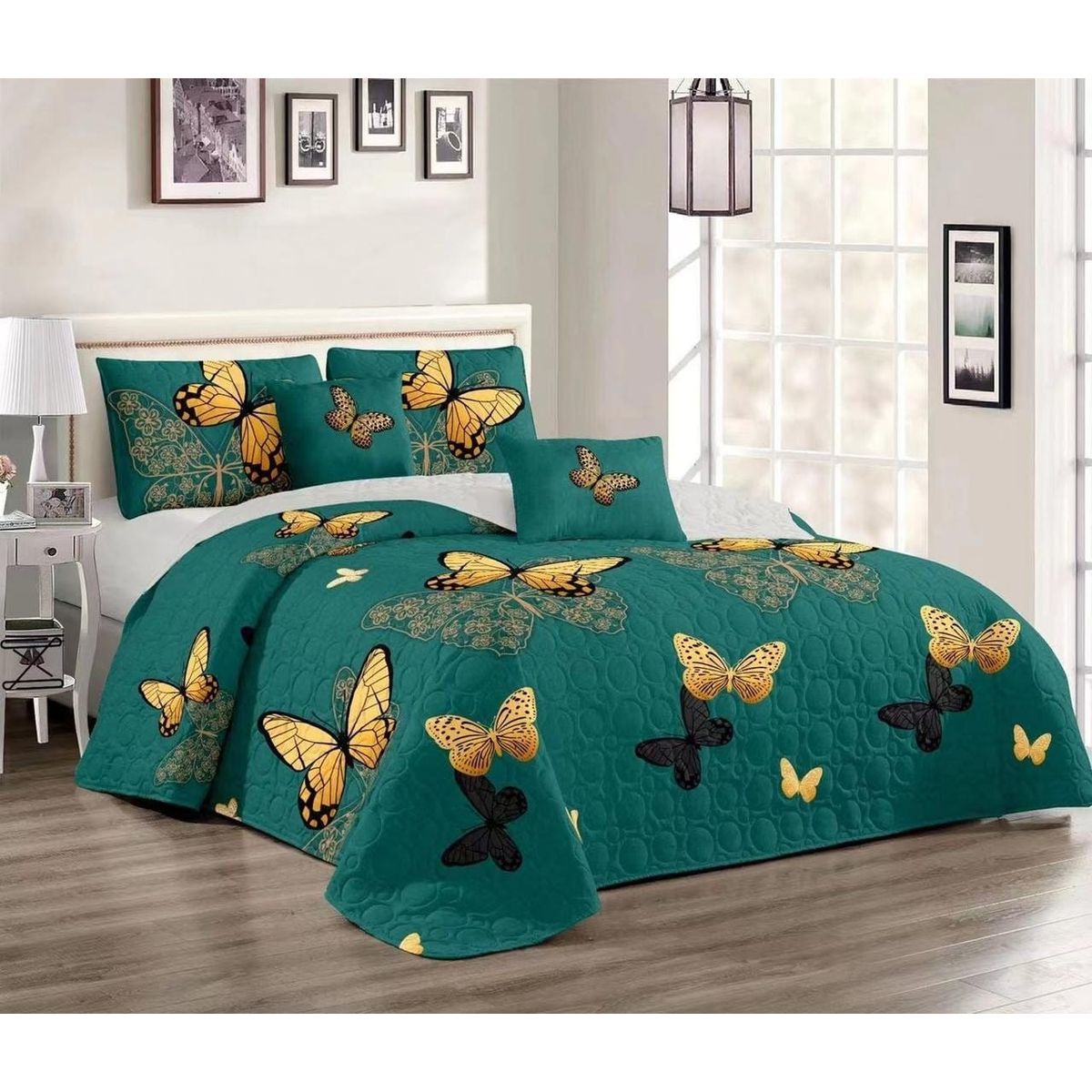 GENERICO - Quilt de Verano King Color Verde con Mariposas Amarillas