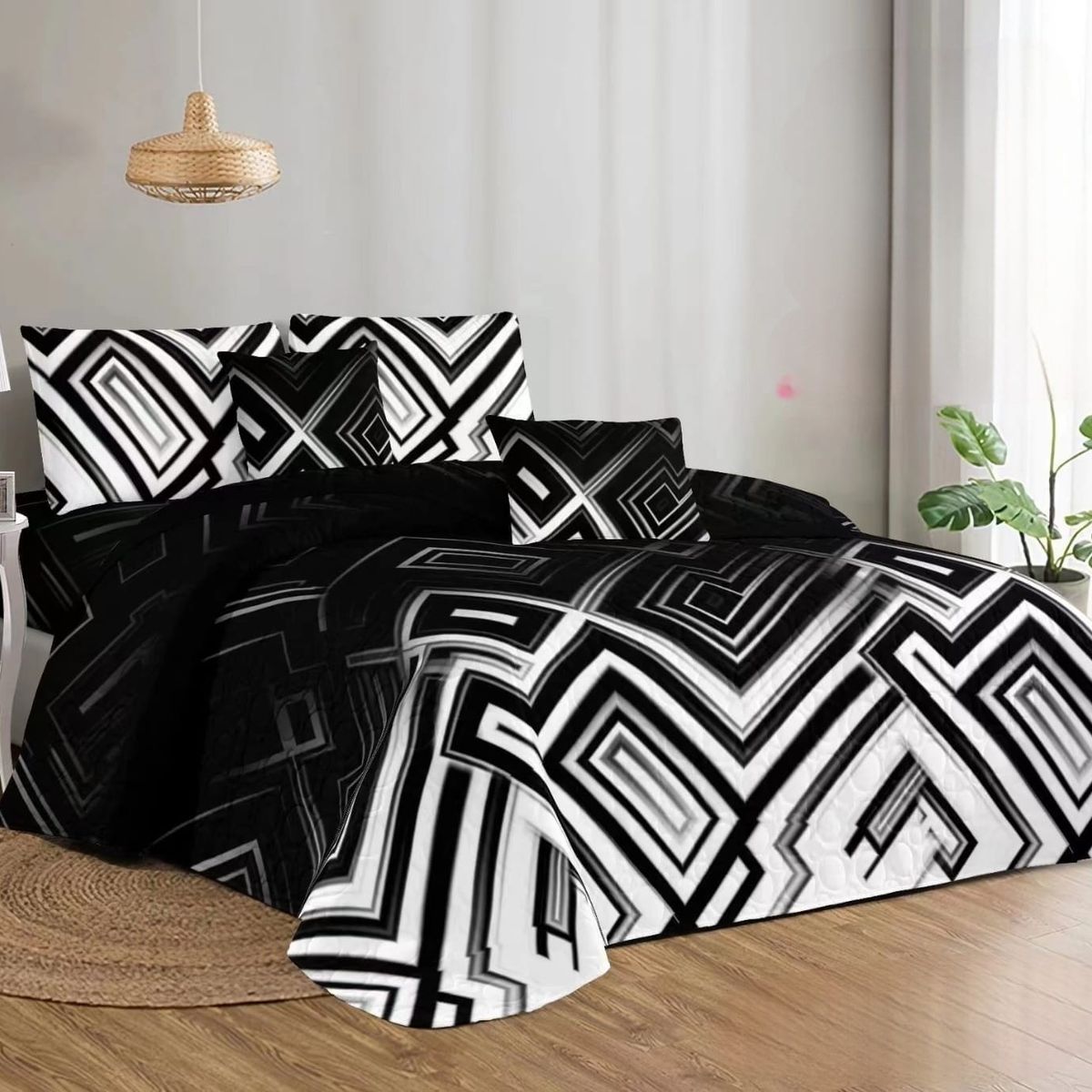 GENERICO - Quilt de Verano 15 Plaza Color Negro con Diseño TFCC408