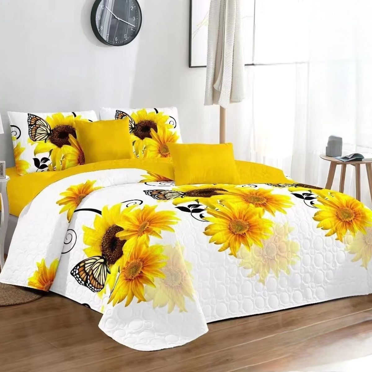GENERICO - Cobertor Tipo Quilt de Verano / Cubrecamas 2 Plazas Girasoles Blanco