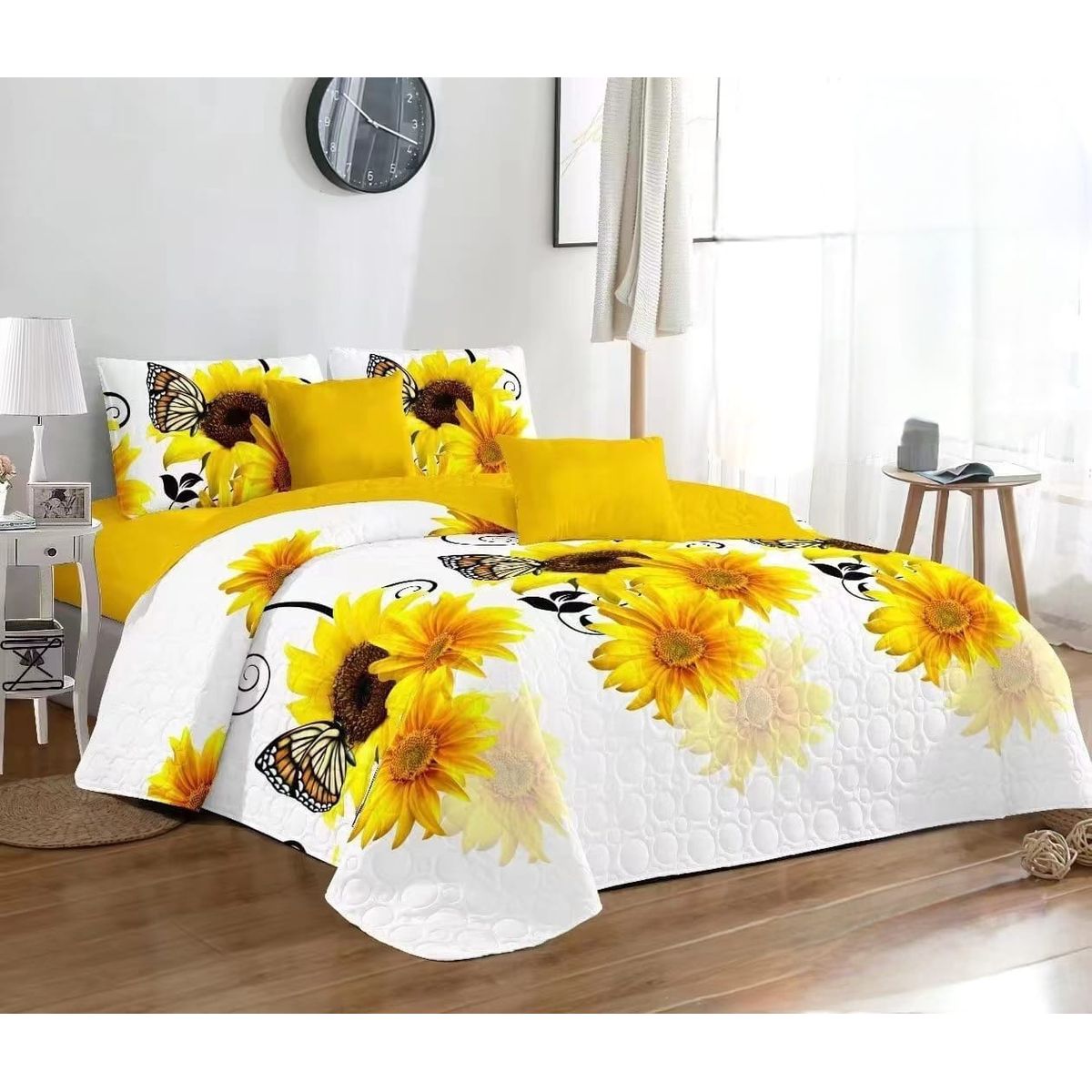 GENERICO - Cobertor Tipo Quilt de Verano / Cubrecamas 2 Plazas Girasoles Blanco