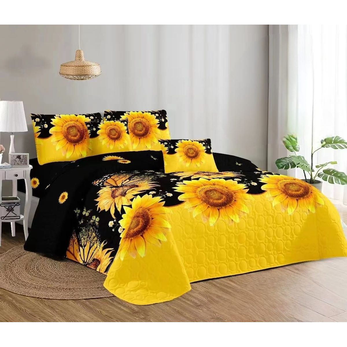 GENERICO - Cobertor Tipo Quilt de Verano / Cubrecamas 2 Plazas Girasoles Negro