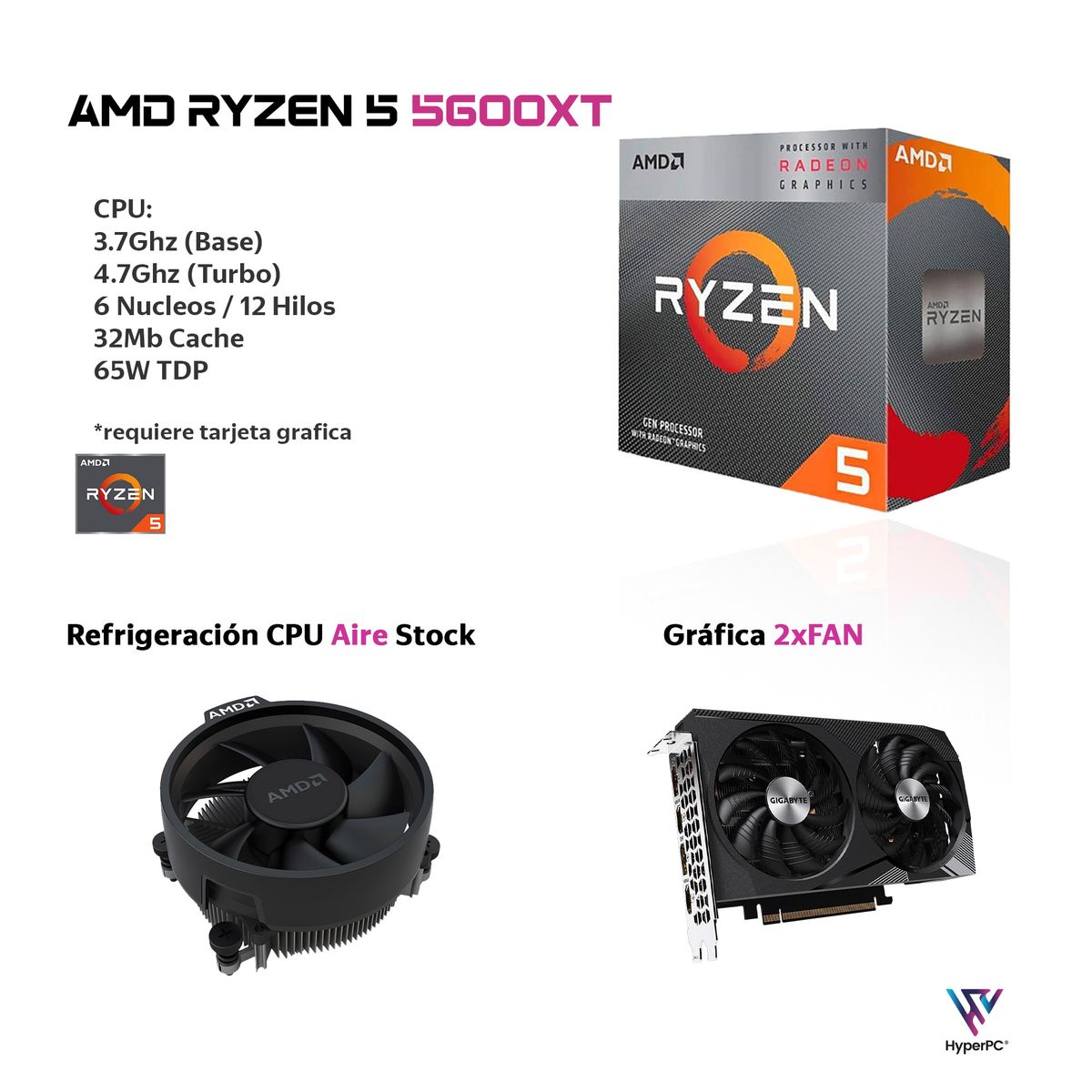 HYPERPC - PC GAMER + MONITOR 24 + Perif: AMD RYZEN 5 5600XT 32Gb 2Tb RTX 3050