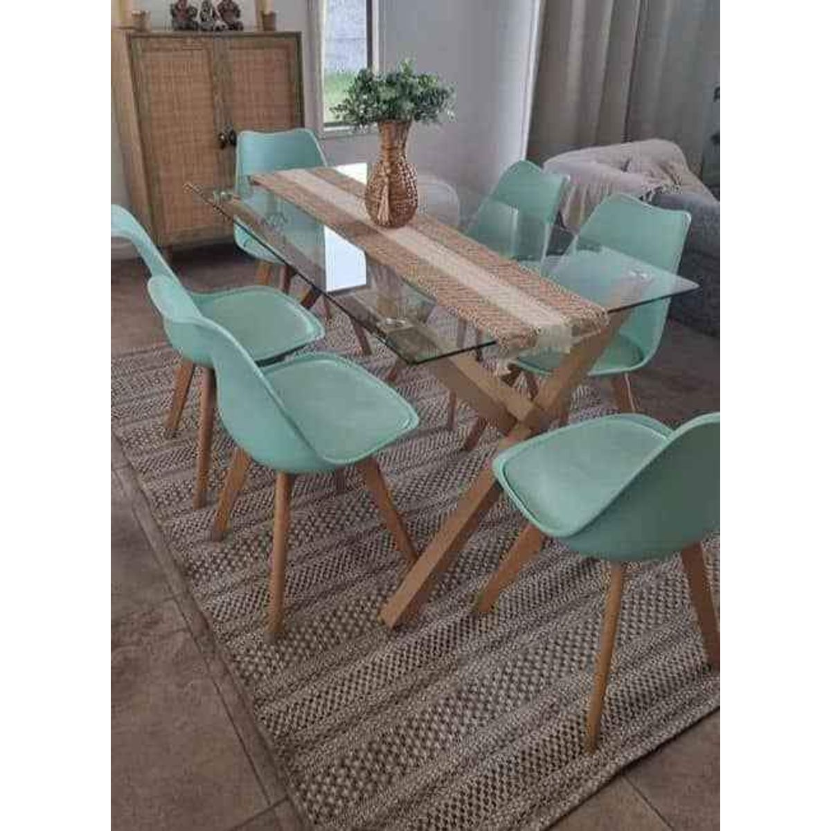 GENERICO - MESA DE COMEDOR 140X90 + 6 SILLAS TULIP  FELPA VERDE MENTA