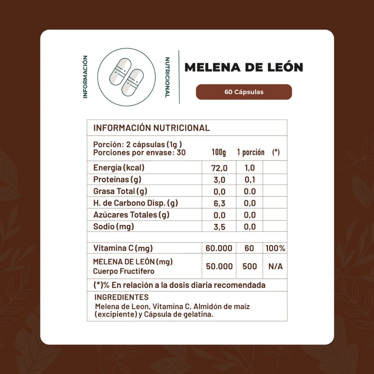 KARUNLIFE - Melena de Leon Hongo - 60 Capsulas - Memoria Karun Life