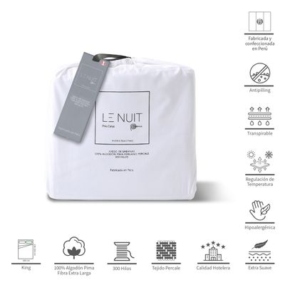 Imagen 2 del producto 2 Sábanas King 300 Hilos Algodón Pima Peruano Percale Liso Blanco