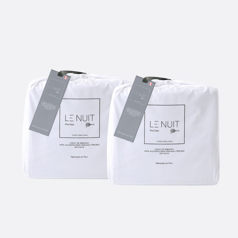 LE NUIT - 2 Sábanas 300 Hilos Algodón Pima Peruano Percale Liso Blanco 2 Pl