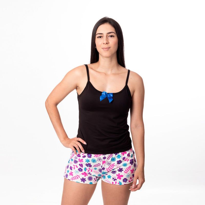 DULCE DESCANSO - PIJAMA MUJER DULCE DESCANSO SHORT FLORES MORADA + POLERA NEGRA