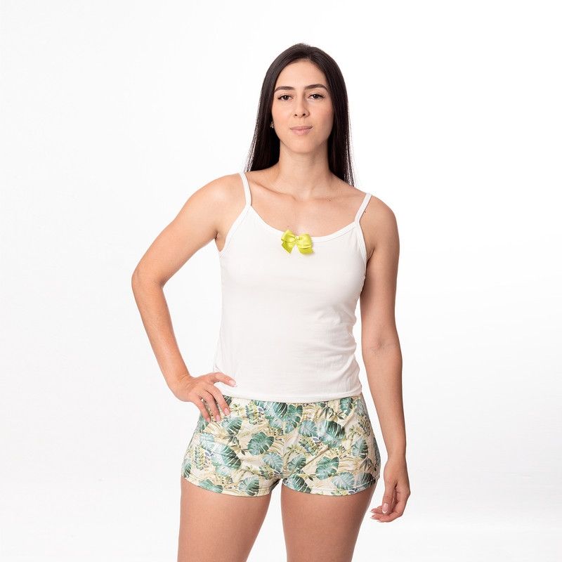 DULCE DESCANSO - PIJAMA MUJER DULCE DESCANSO SHORT HOJAS VERDE  POLERA BLANCA
