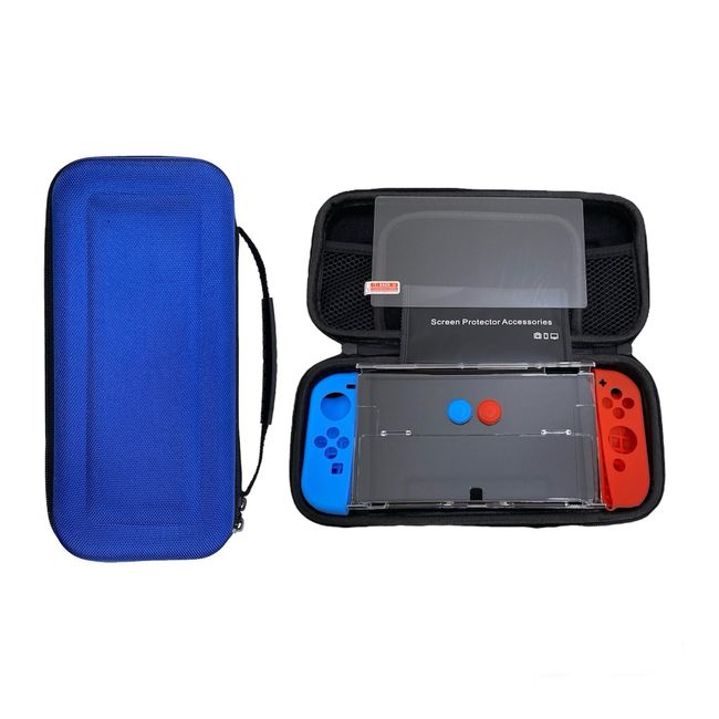 GENERICO - KIT NINTENDO SWITCH OLED FUNDA PROTECTOR LÁMINA DE VIDRIO 8 EN 1 AZUL