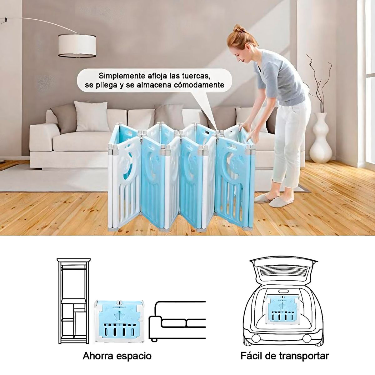 MON PETIT - Corral Bebe Multiformas Plástico 14 + 2 Plegable Celeste