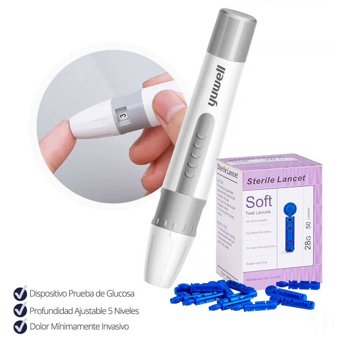 TOPMEDIC - Lápiz Lancetero Glucómetro Glucosa + Lancetas 50 Unid Yuwell