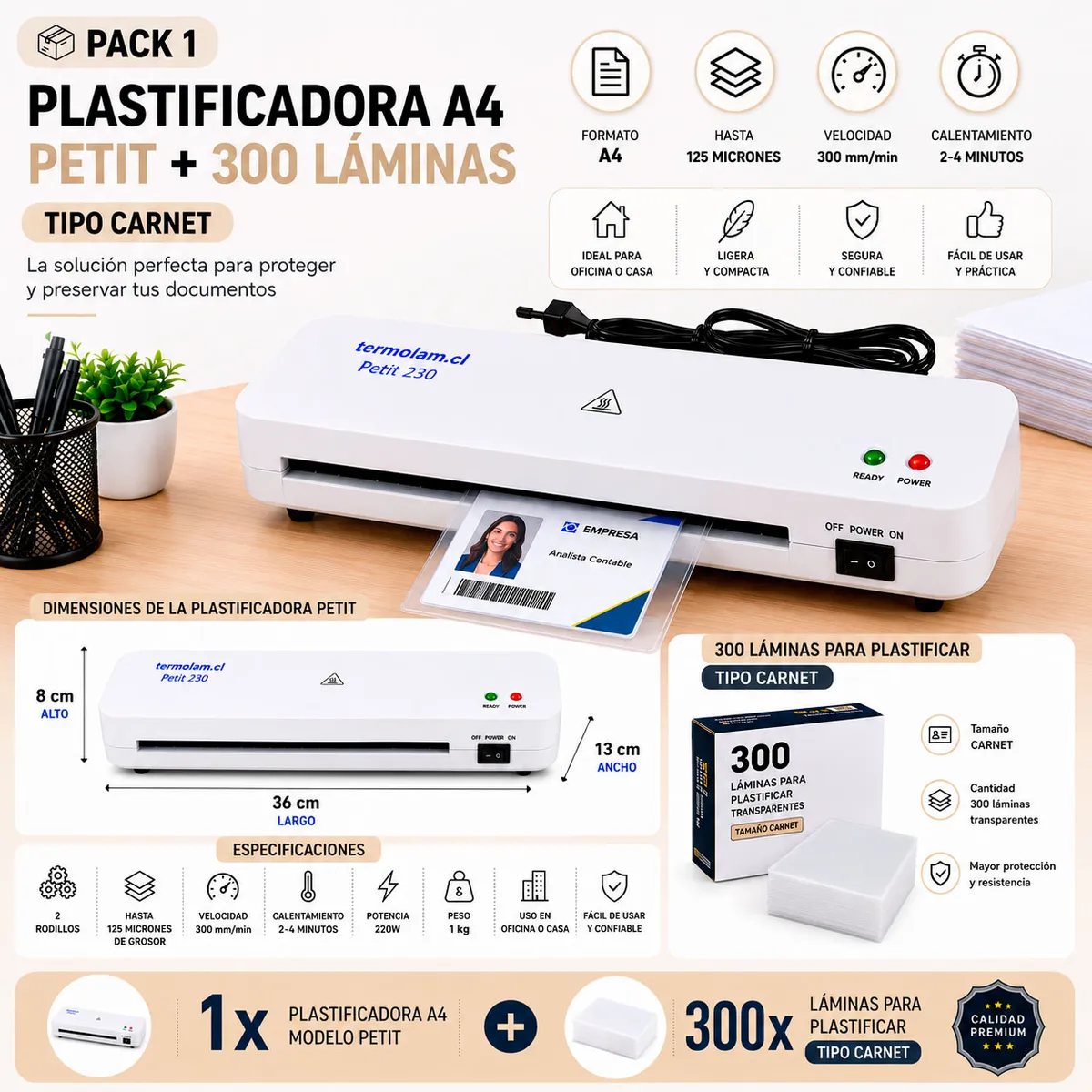 TERMOLAM - Pack Emprendedor - 1 Maquina Plastificadora A4 Petit  + 300 Láminas para plastificar