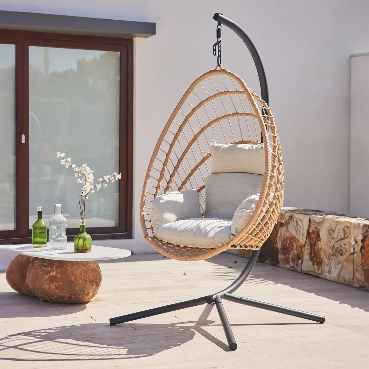 RELAN - Silla Colgante Tulum de Mimbre para Terraza con Base