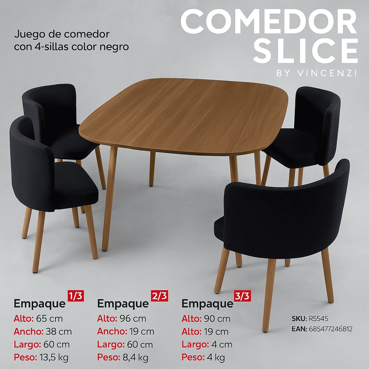 VINCENZI - Juego de Comedor con 4 sillas Negro - Vincenzi