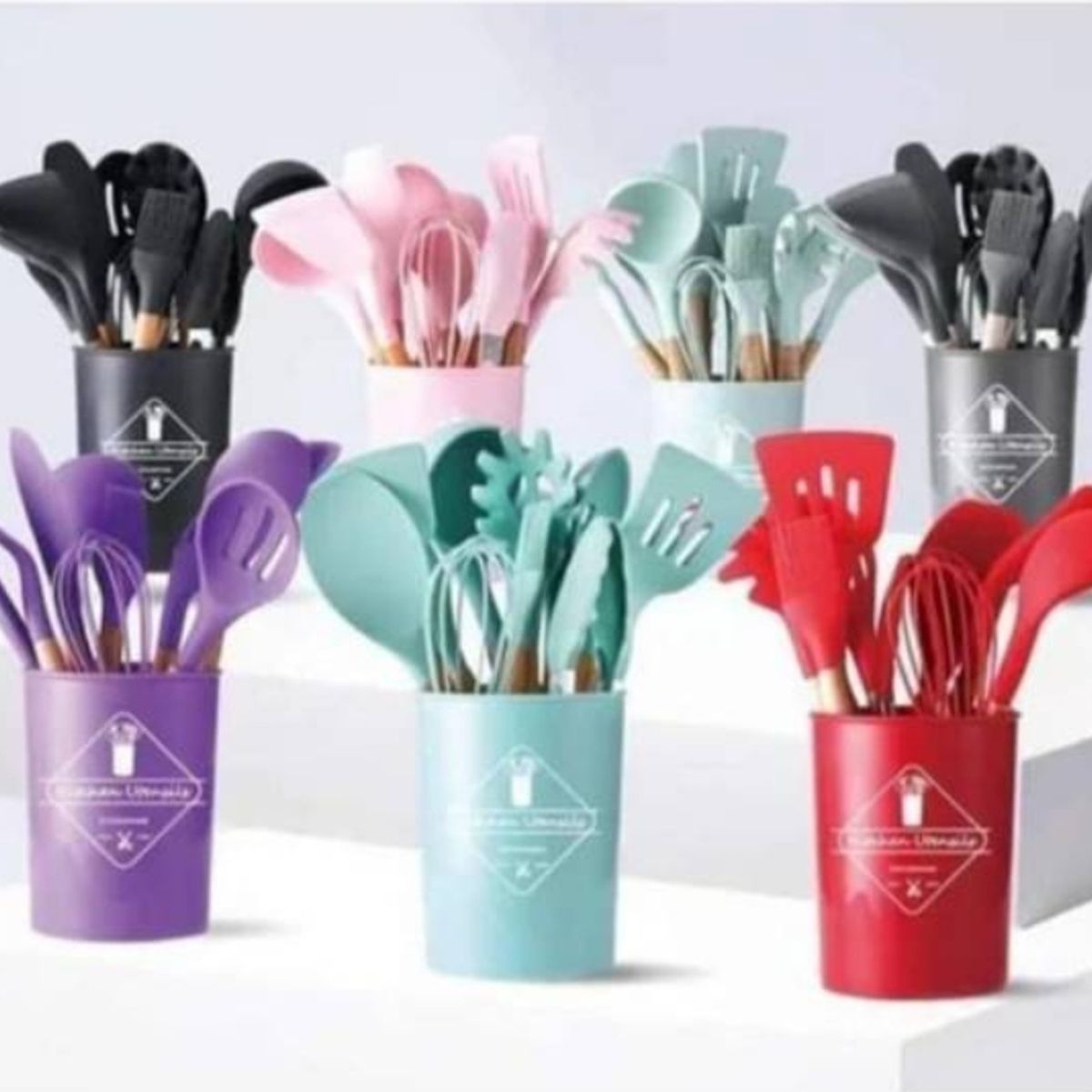 GENERICO - Set 19 Utensilios Cocina Silicona Madera Colores