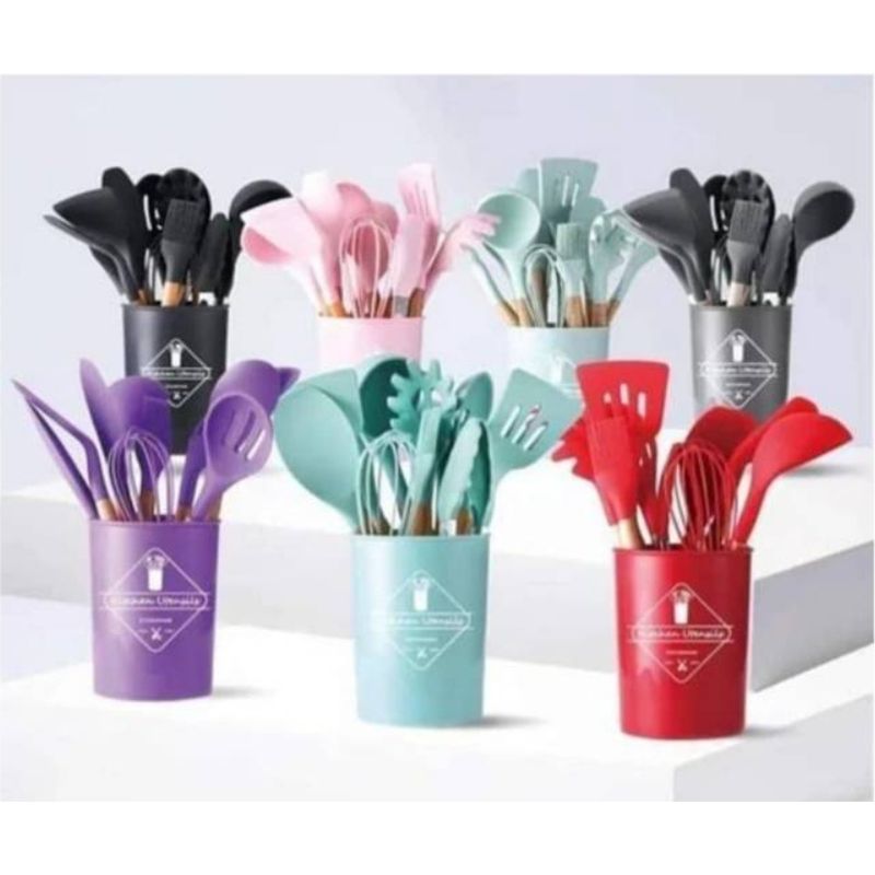GENERICO - Set 19 Utensilios Cocina Silicona Madera Colores