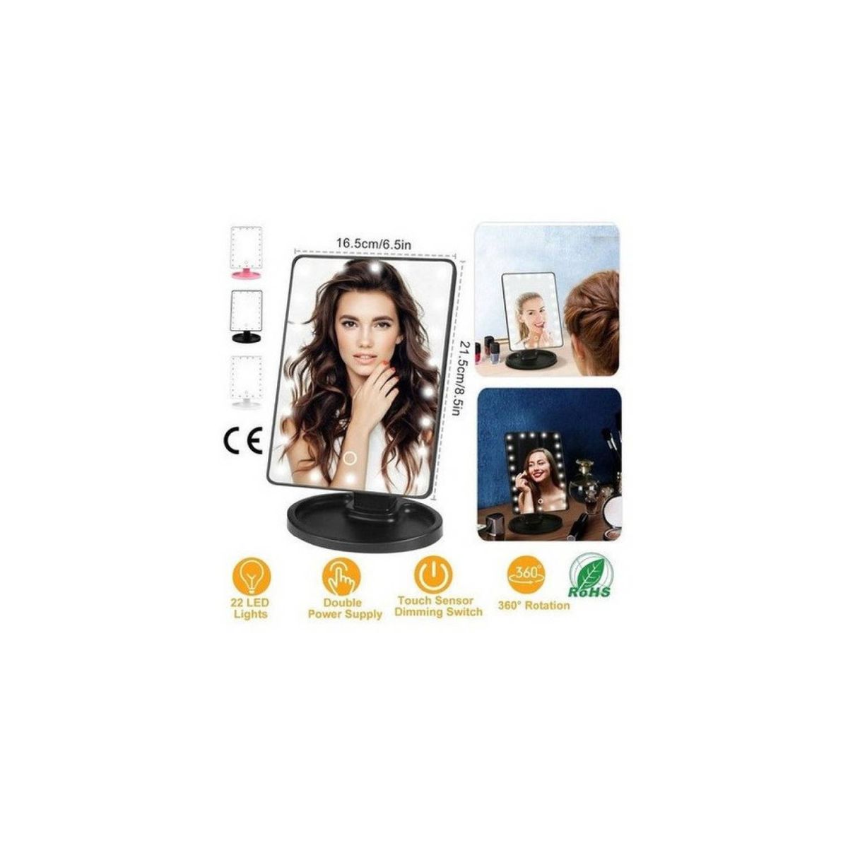 GENERICO - Espejo 22 Luz Led Tactil Maquillaje Usb Portatil Giratorio