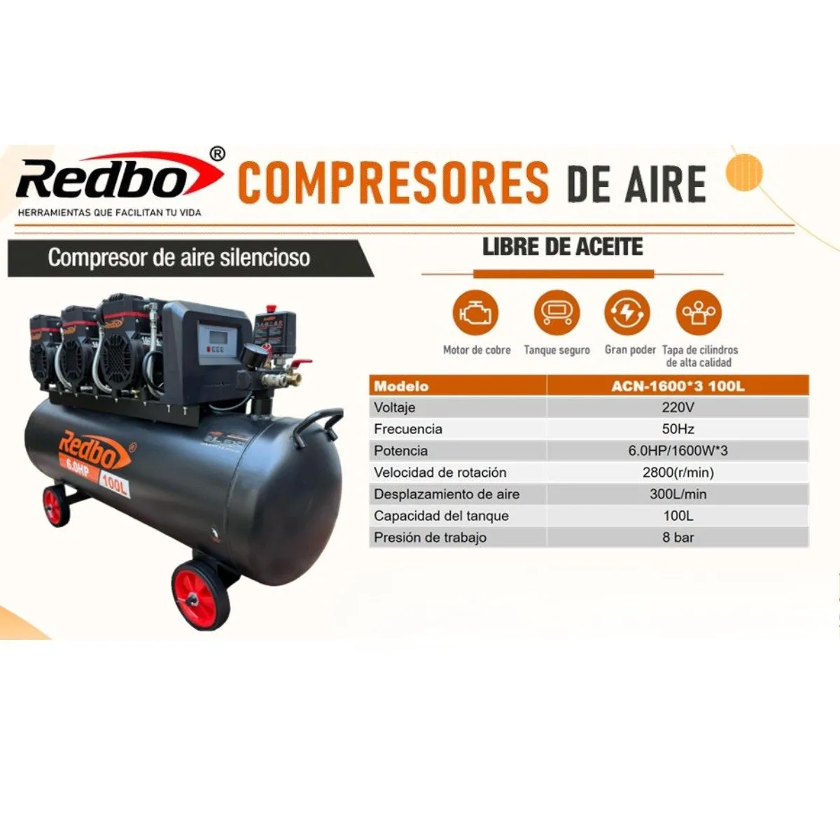 REDBO - Compresor De Aire Dental 100l Silencioso Sin Aceite - lic Japon