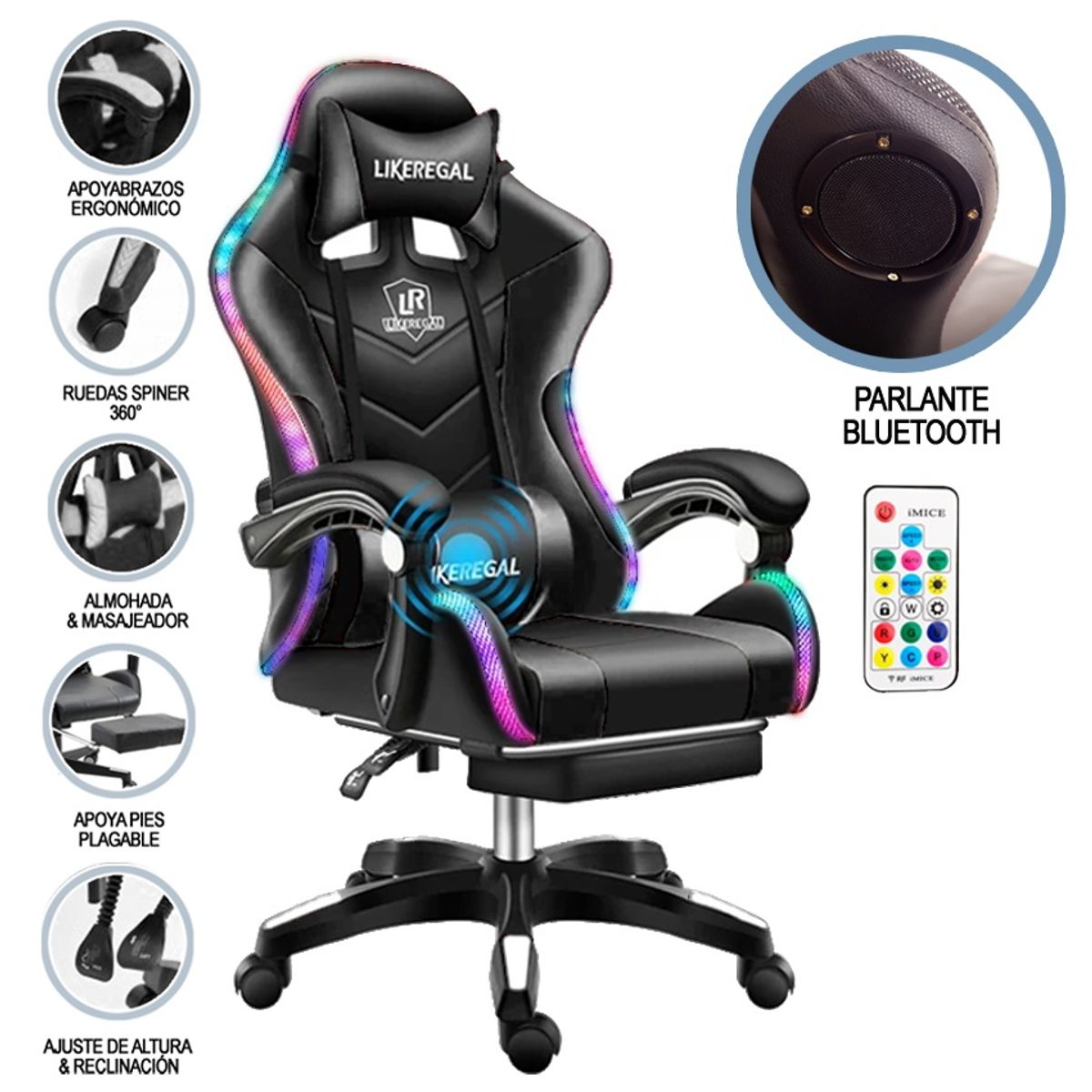 GENERICO - Silla Gamer Luz Rgb Parlante Reposapiés Masajeador Lumbar NEGRO
