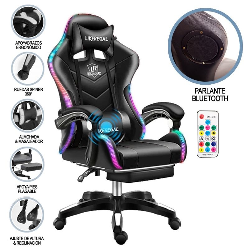 GENERICO - Silla Gamer Luz Rgb Parlante Reposapiés Masajeador Lumbar NEGRO.