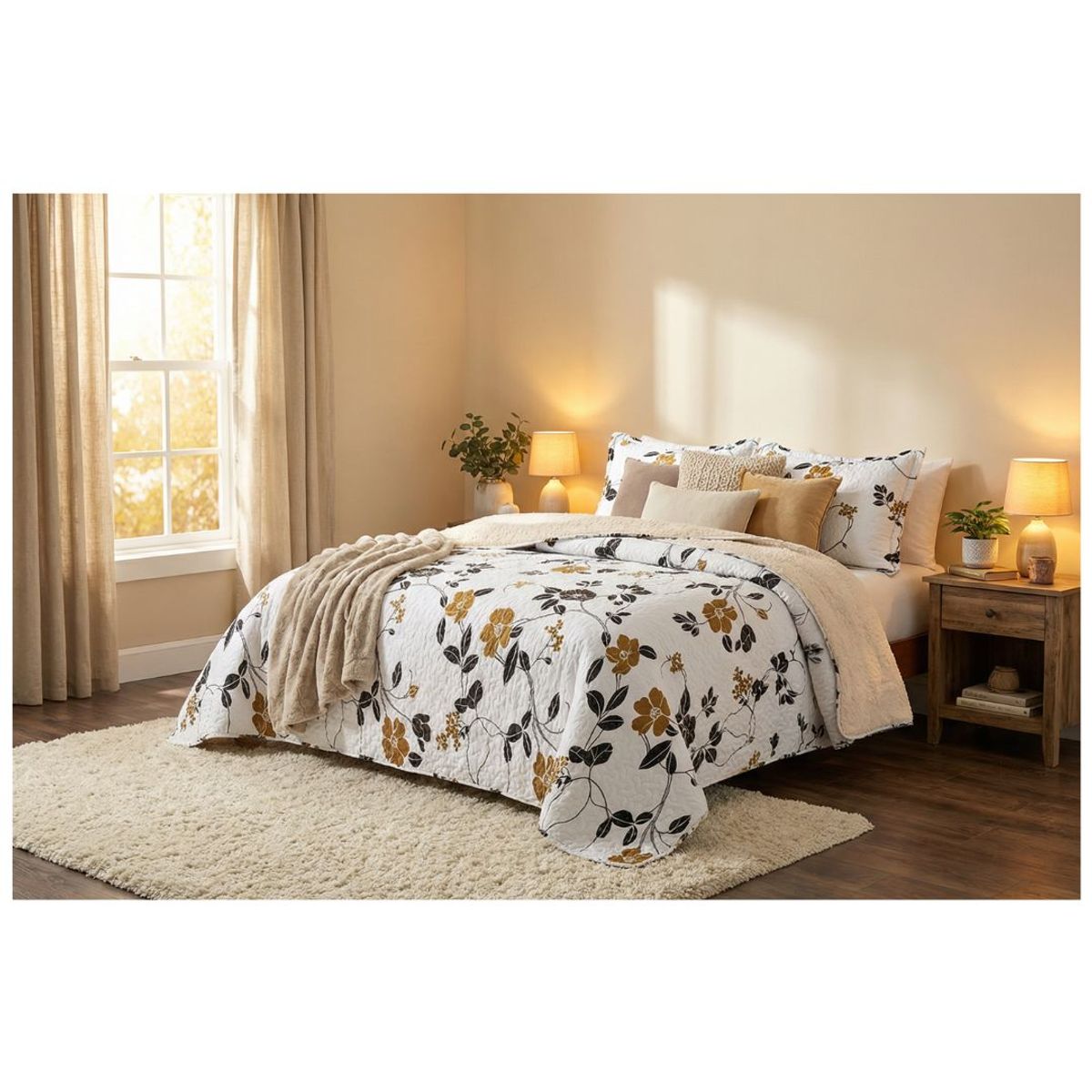 GENERICO - Cubrecama Sherpa King - Blanco Hojas Doradas M925