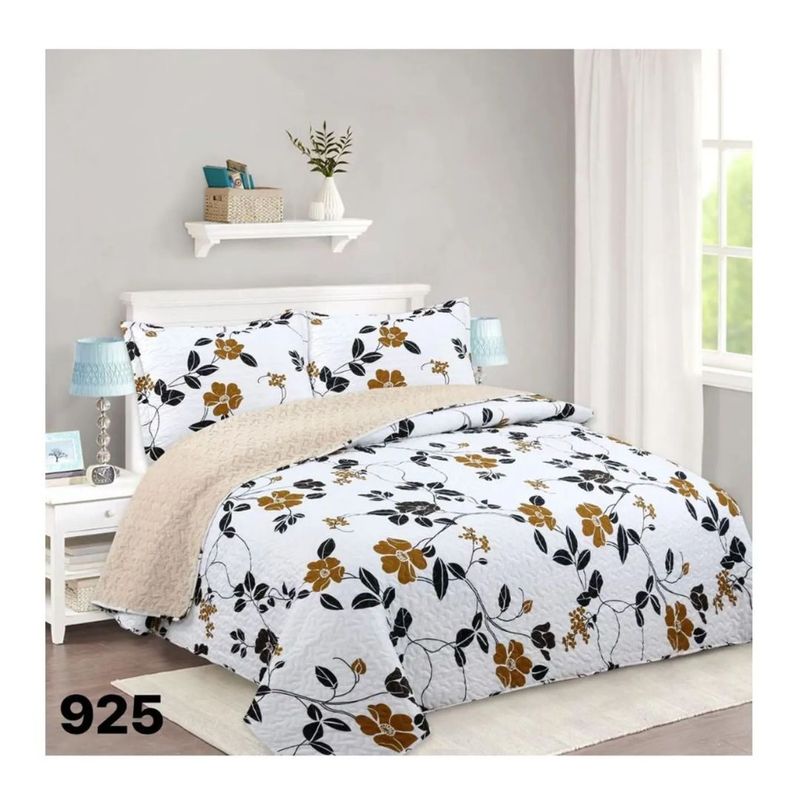 GENERICO - Cubrecama Quilt Sherpa King - Blanco Hojas Doradas M925