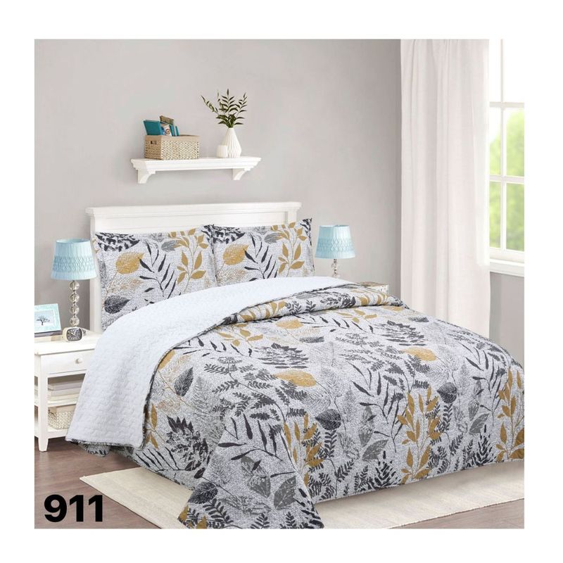 GENERICO - Cubrecama Quilt Sherpa King - Gris Claro Hojas M911
