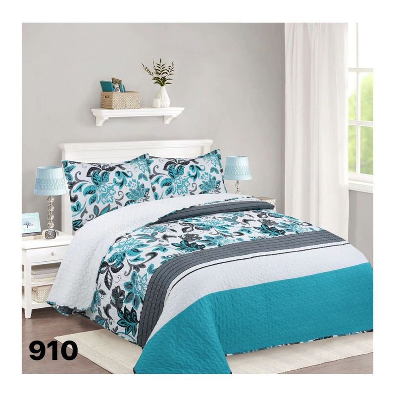 GENERICO - Cubrecama Quilt Sherpa King - Turquesa Hojas M910