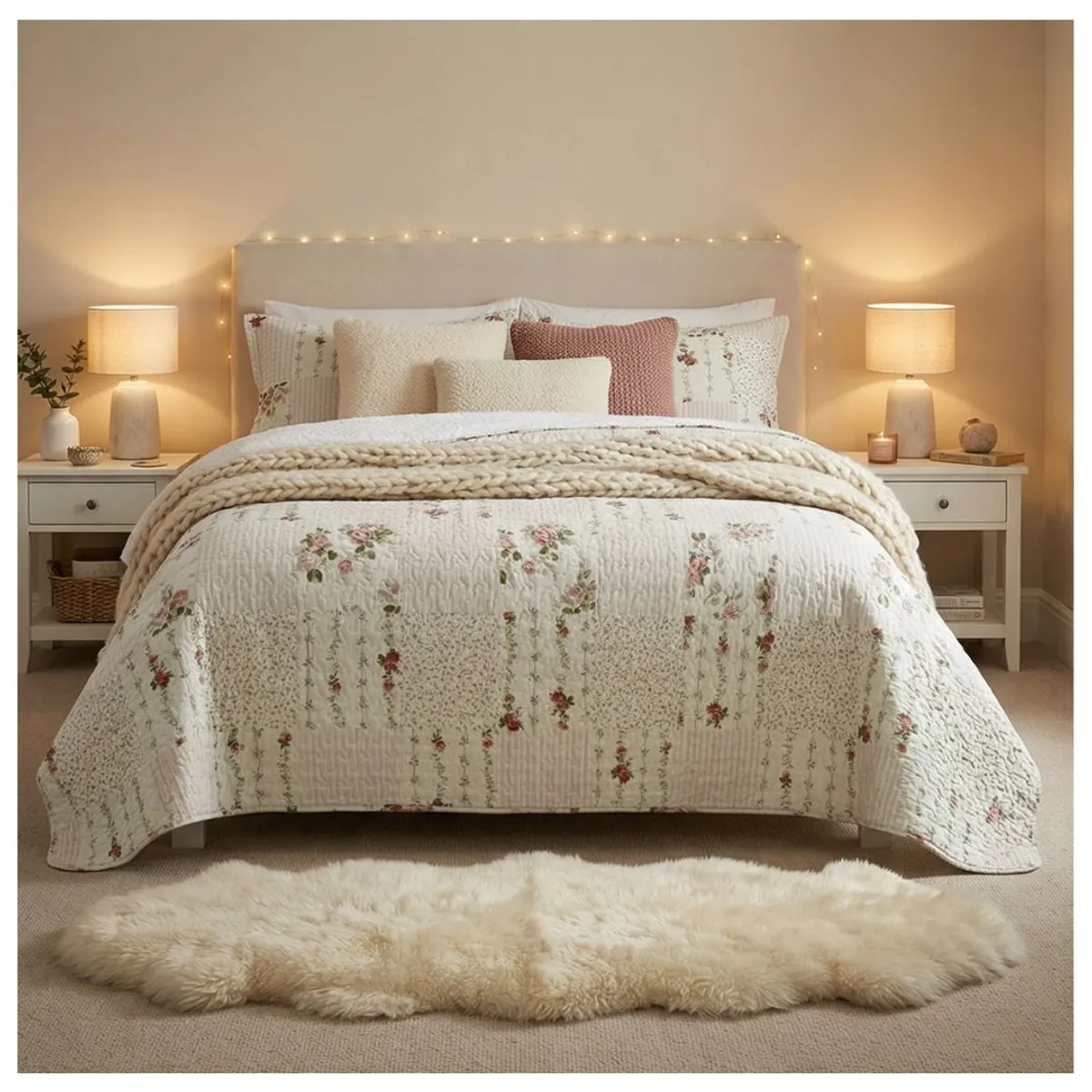 GENERICO - Cubrecama Sherpa King - Beige Cuadrille Hojas M901