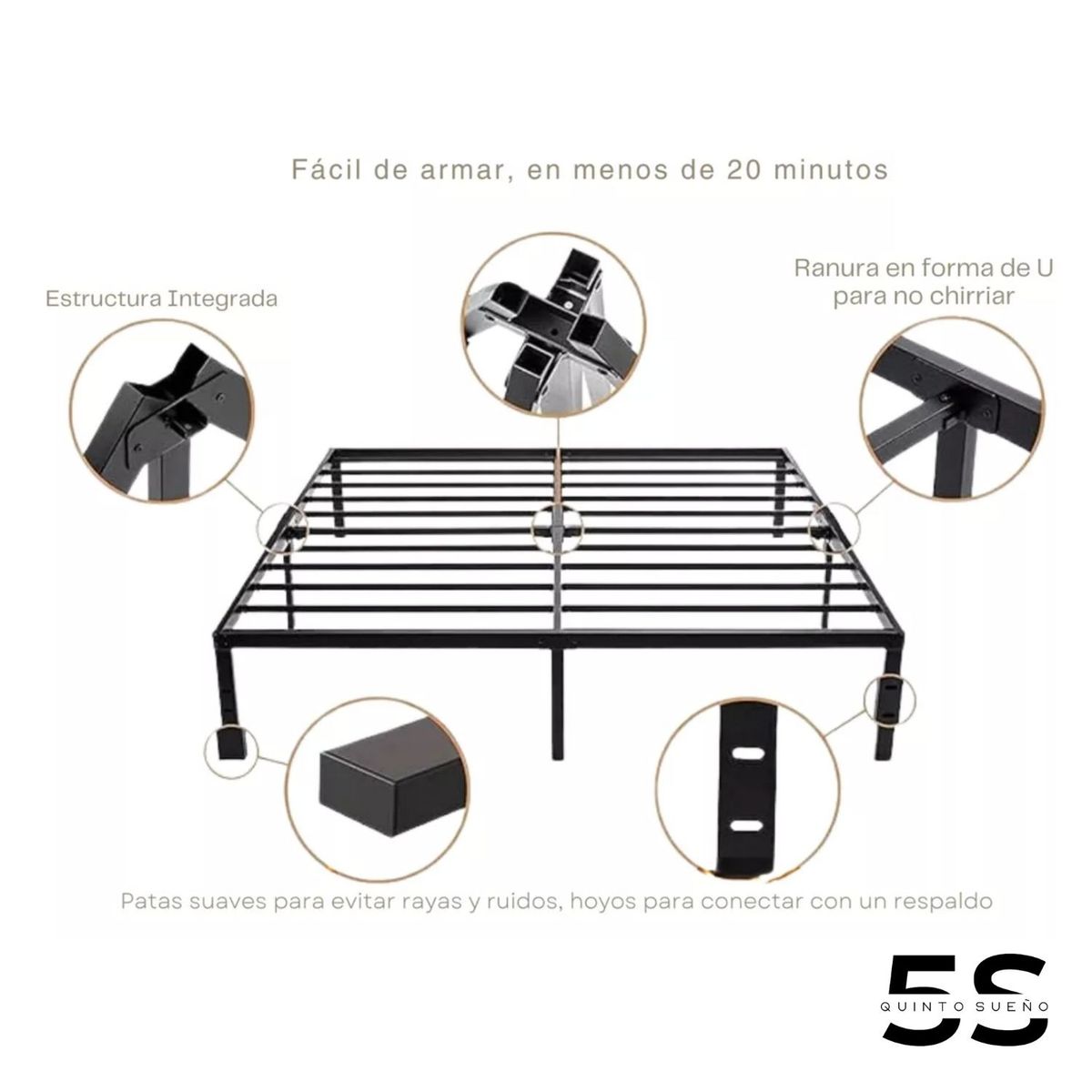 5 SUEÑO - Base de Cama Europea Metálica Negra 2 Plazas 5º Sueño 190x150x21cm