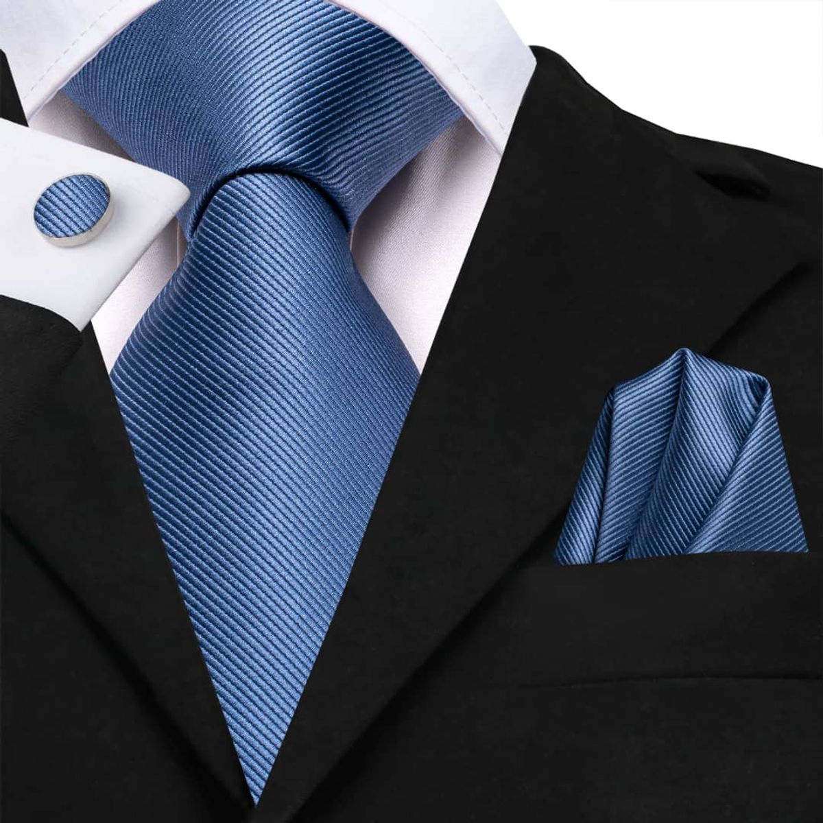 L LUXHER - Set corbata pañuelo y colleras de seda lujo Hi-tie mod Liso