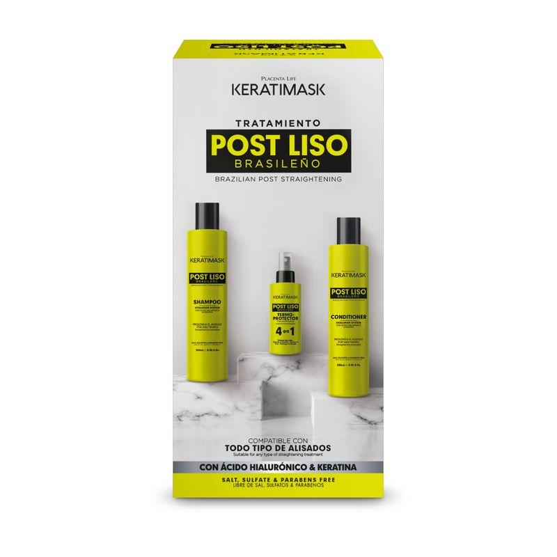 PLACENTA LIFE KERATIMASK - Kit Post Liso Keratimask Shampoo 250ml Acondicionador 250ml y Termoprotector 50ml
