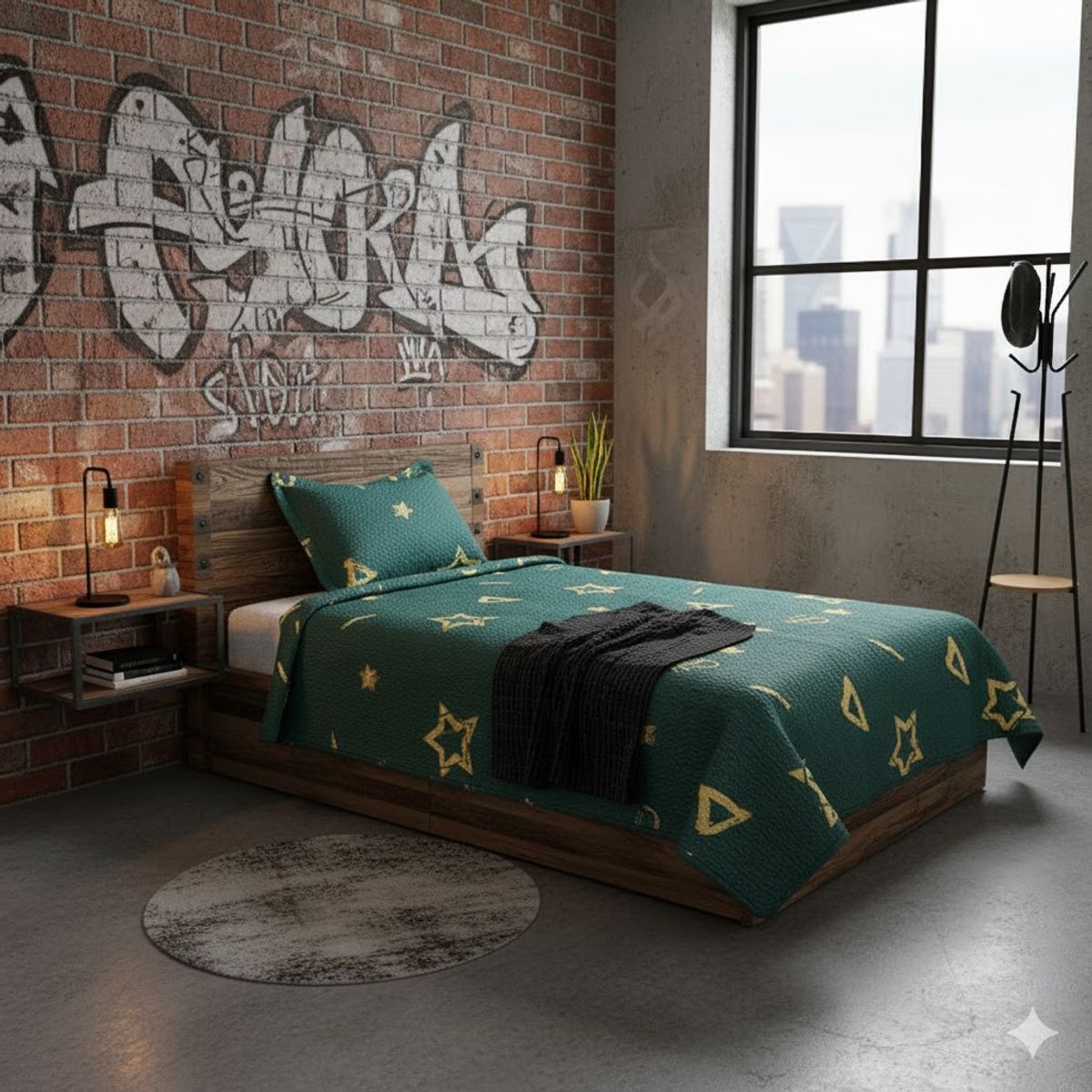 GENERICO - CUBRECAMA QUILT DE VERANO DELGADO DISEÑO VERDE ESTRELLAS 2 PLAZA 100% ALGODON